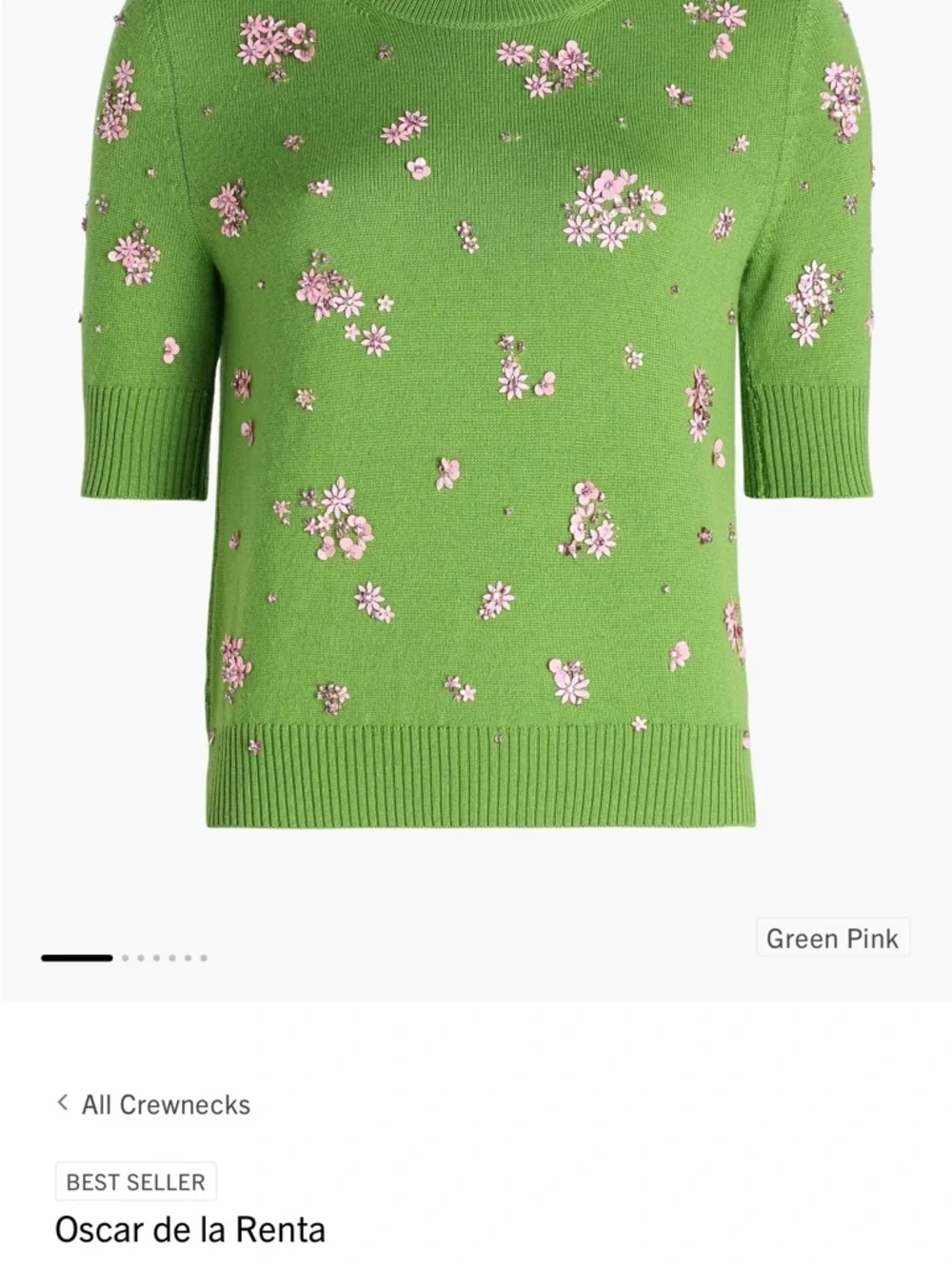 Oscar de la Renta Green Crewneck Sweater with Pink Floral Crystal Embroidery - Picture 9 of 16